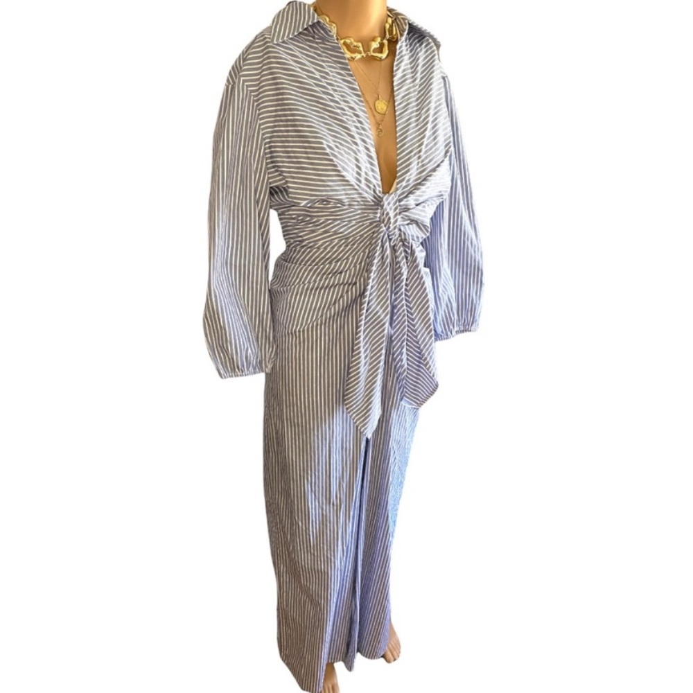Blue & white pinstripe tie front button up wide leg jumpsuit fashion nova